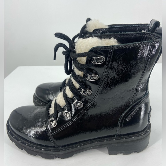 Sorel Lennox Cozy Lace Up Waterproof Rain Boots Women 6 Black White Wool Leather - Picture 3 of 8